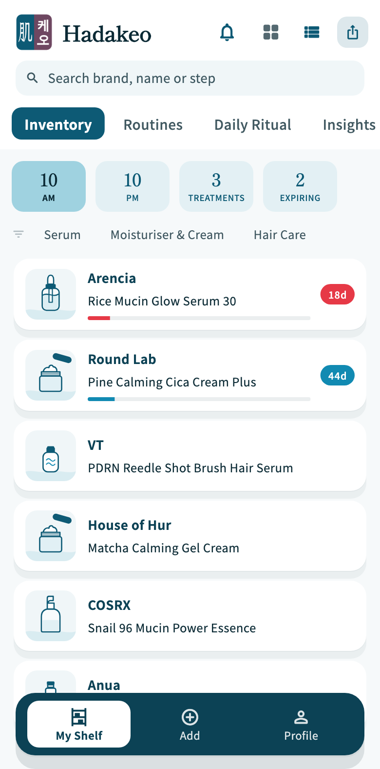 The Hadakeo app on a phone: search, routine tabs, AM and PM counts, and a shelf of skincare products, two counting down their remaining days with life bars