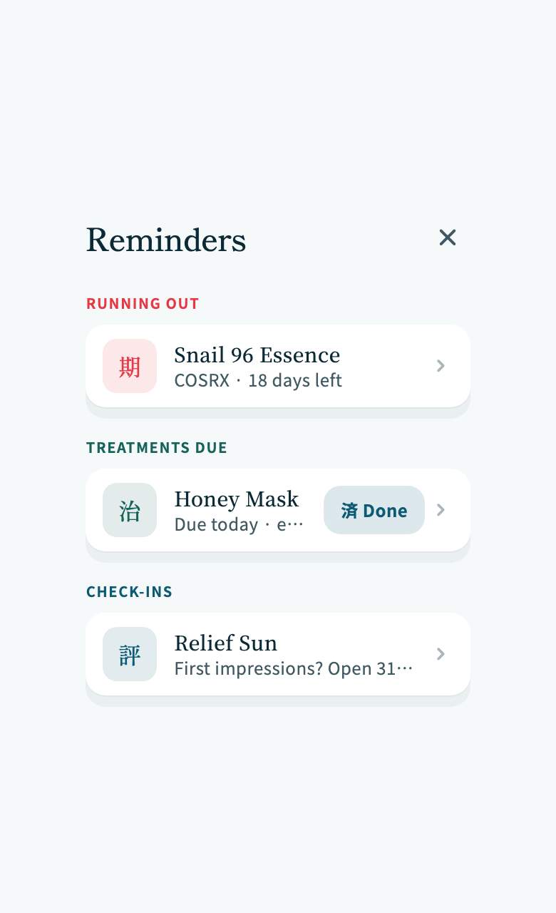 Hadakeo reminders: a product running out, a treatment due, a check-in